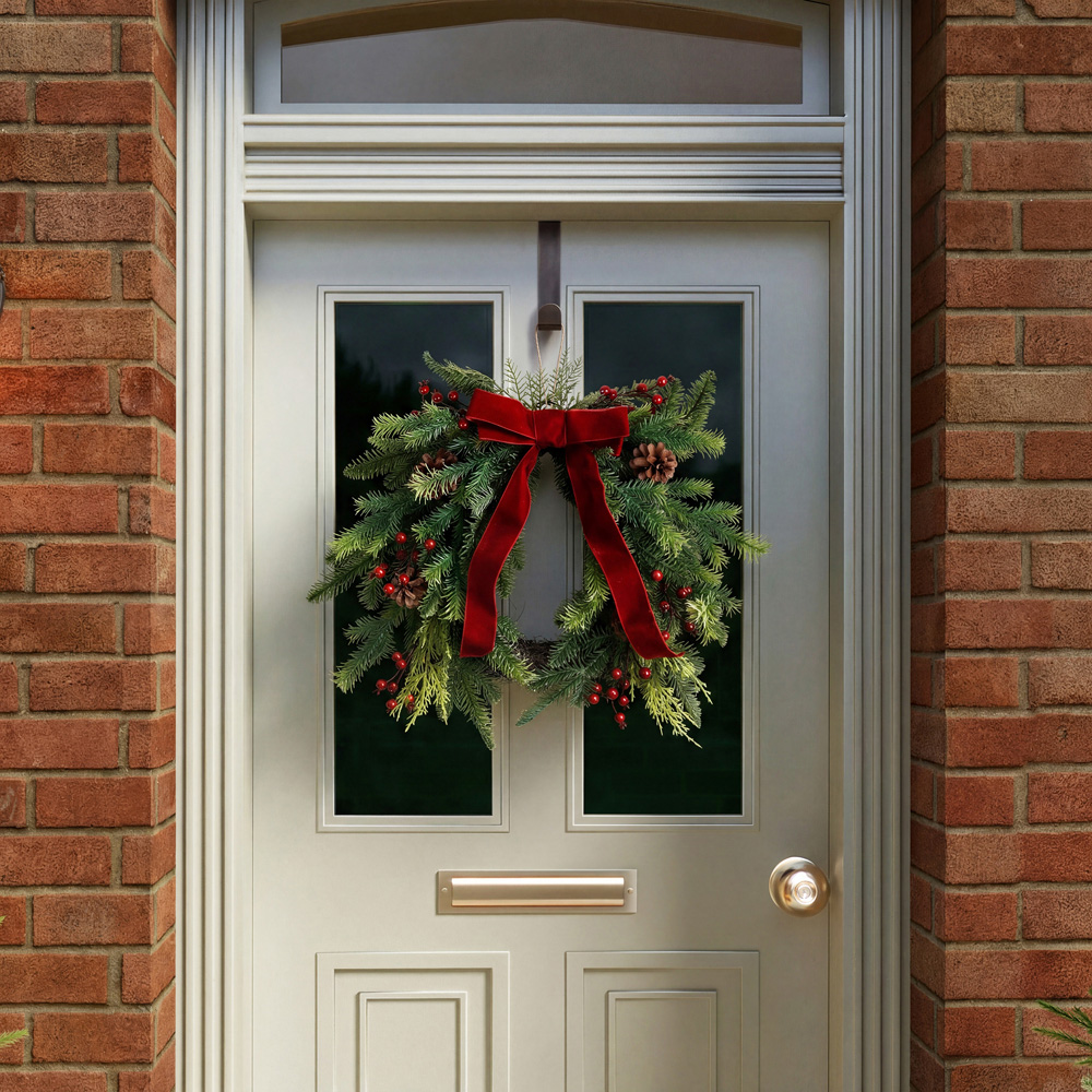 Charles Bentley Green Christmas Wreath with Red Bow and Berries 55cm Image 2