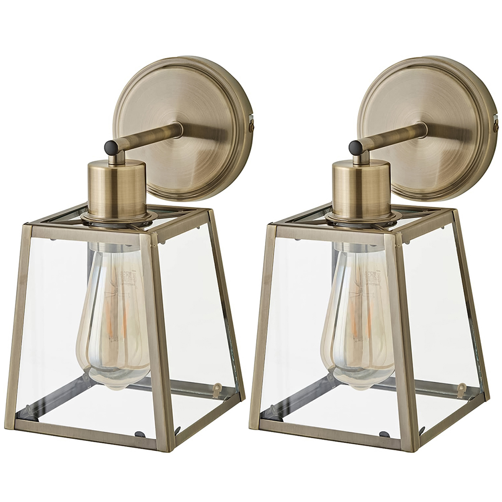 ValueLights Susie Lantern Shade Antique Brass Glass Wall Light with Bulb 2 Pack Image 1