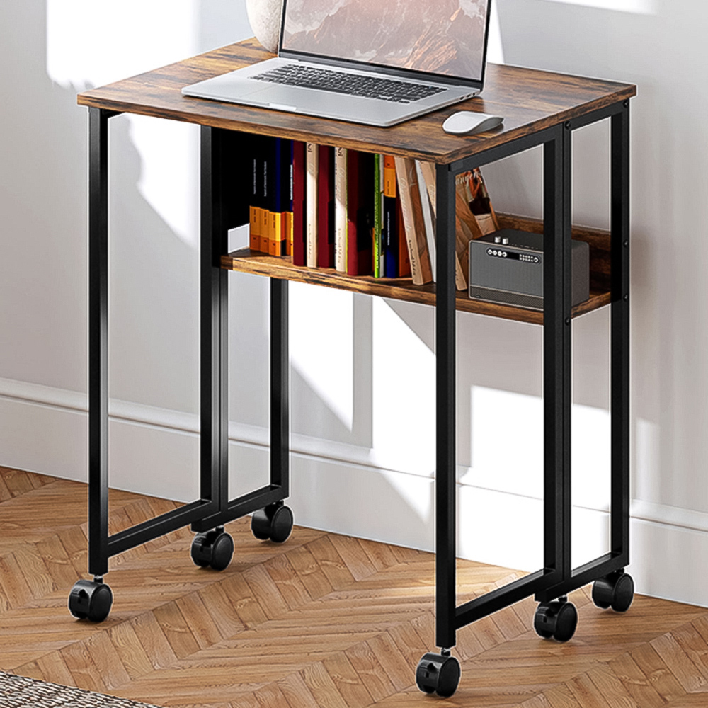 HOMCOM Single Shelf Foldable Computer Desk with Wheels and Side Bag Rustic Brown Image 1