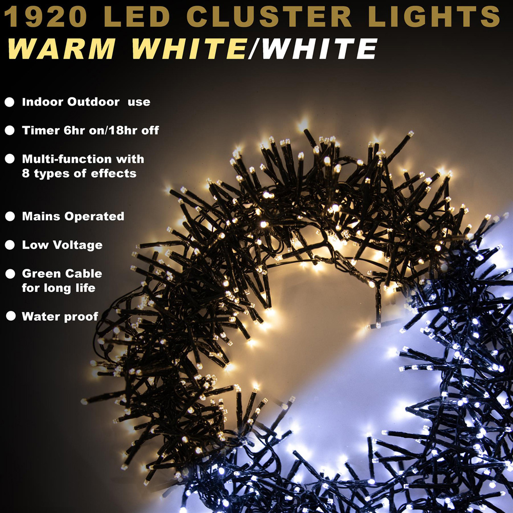 Shatchi 1920 Warm and Cool White Multifunction LED Christmas Tree Cluster Lights Image 2