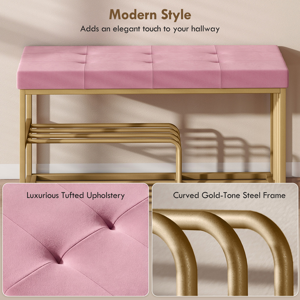 Portland 3 Shelf Pink Shoe Rack Bench with Tufted Cushion Seat Image 7