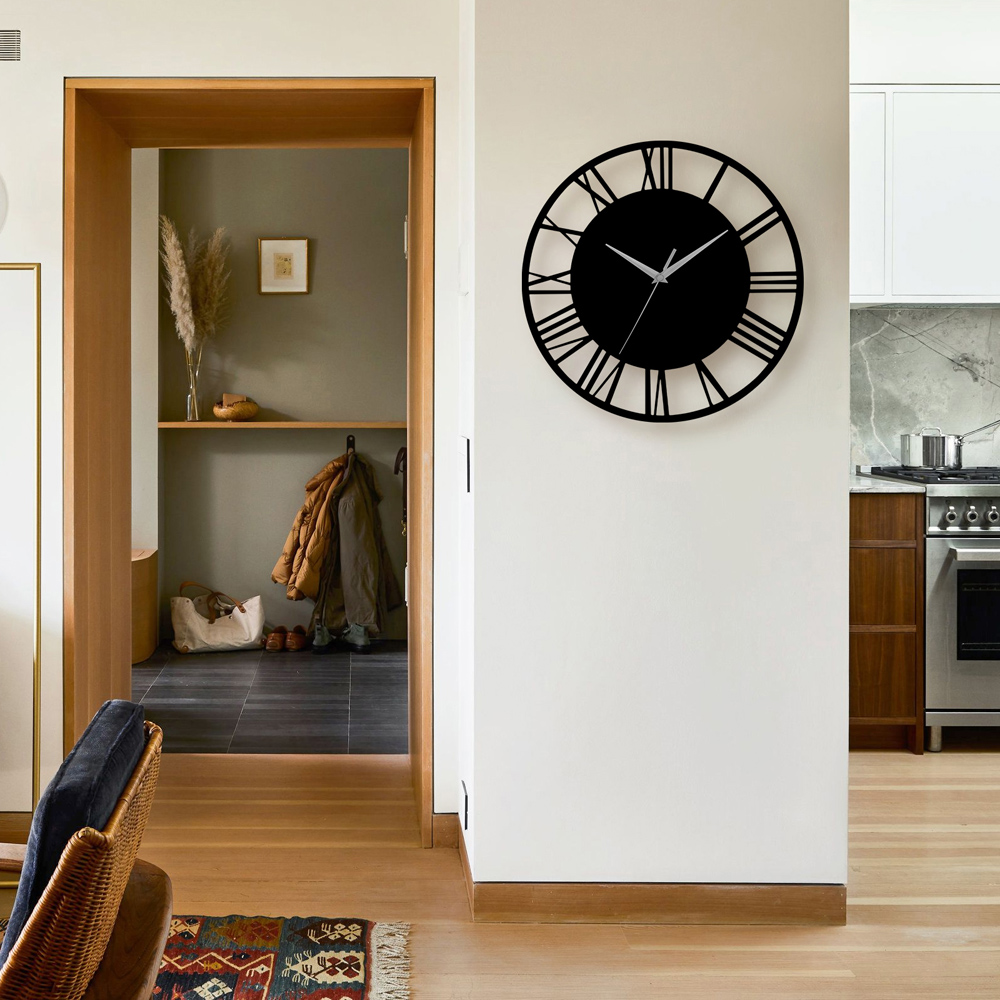 Living and Home Black Roman Round Wooden Wall Clock 31cm Image 5