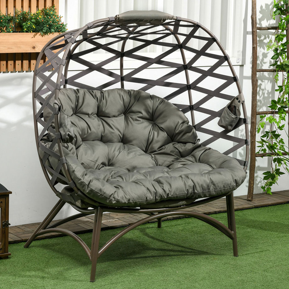 Outsunny 2 Seater Sand Brown Outdoor Egg Chair with Cushion Image 1