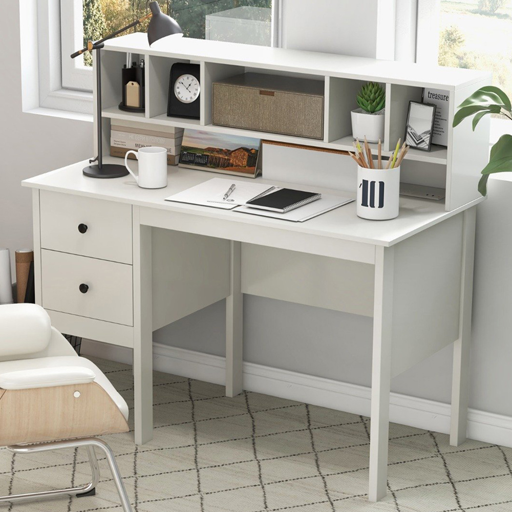 Costway 2 Drawer 6 Shelf Computer Desk with Power Outlet White Image 1