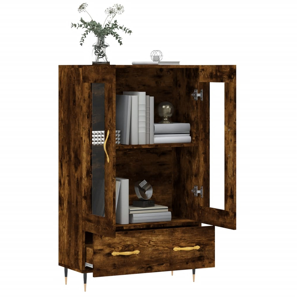 vidaXL 2 Glass Door Single Drawer Smoked Oak Highboard with Metal Legs Image 4