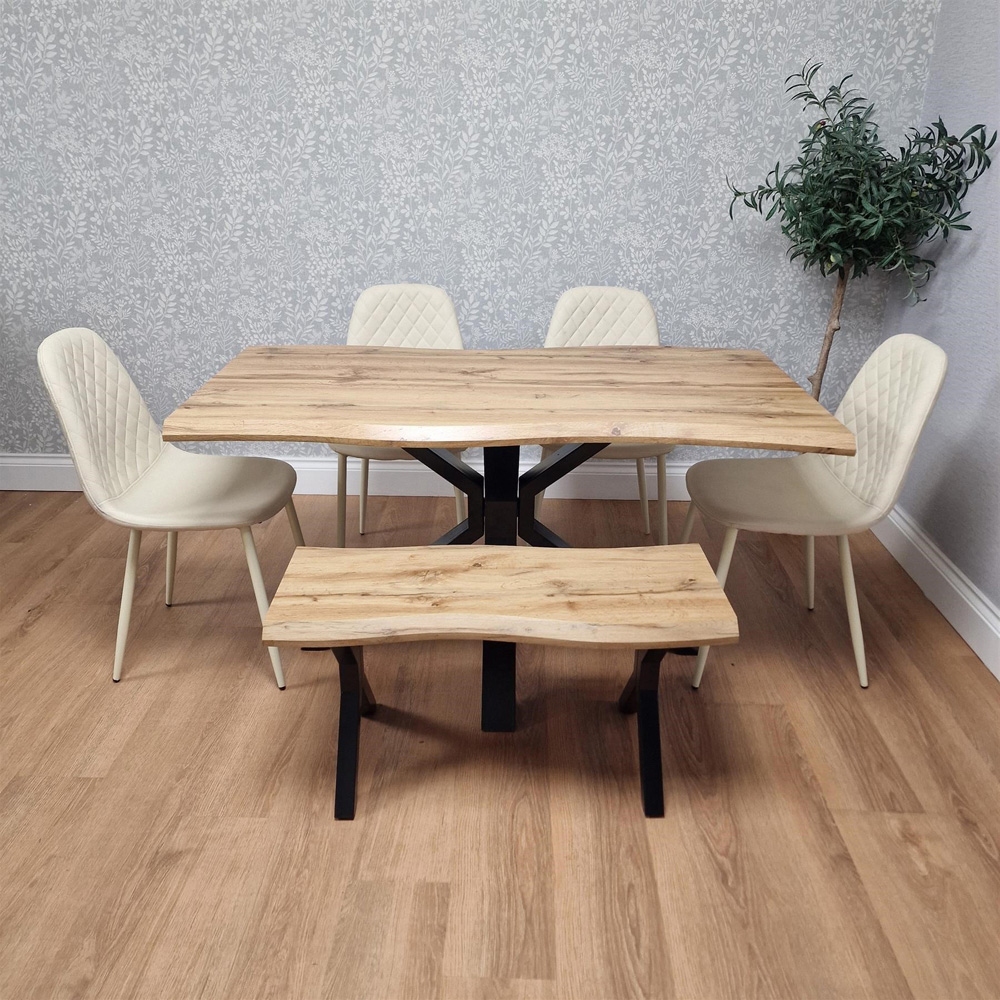 Portland 6 Seater Gem Pattern Wooden Tabletop Dining Bench Set Cream Image 2