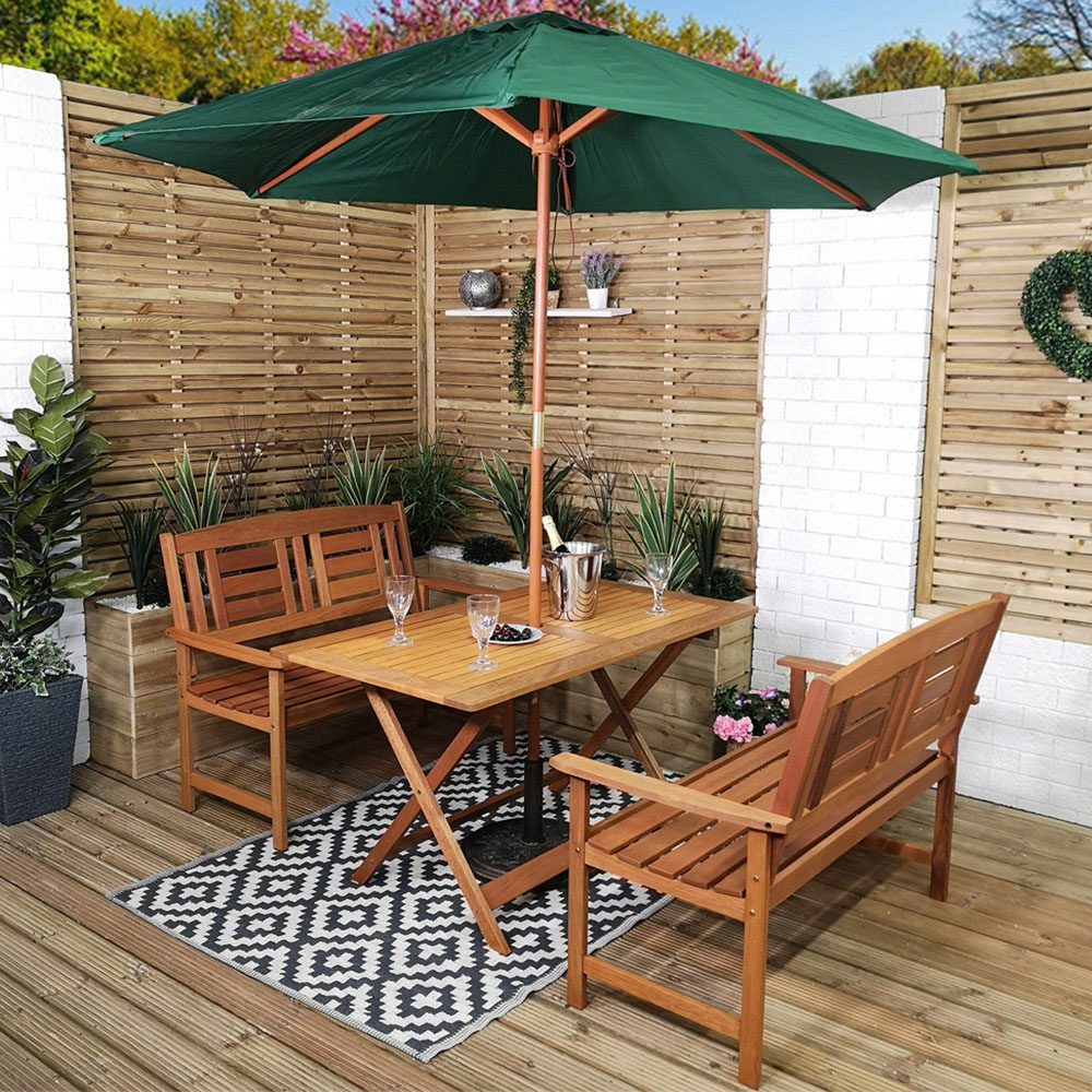 Samuel Alexander Wooden 4 Seater Folding Rectangular Garden Dining Bench Set with Green Parasol Image 1
