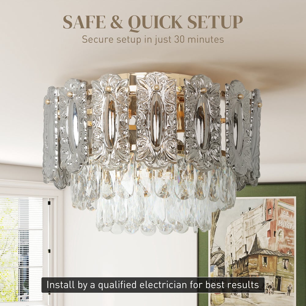 HOMCOM Gold Vintage Dual Crystal and Smoke Glass Shade Ceiling Light Image 6