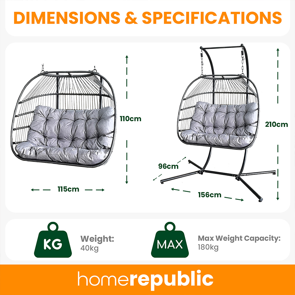 Home republic Miami 2 Seater Black Egg Chair with Cushion Image 4