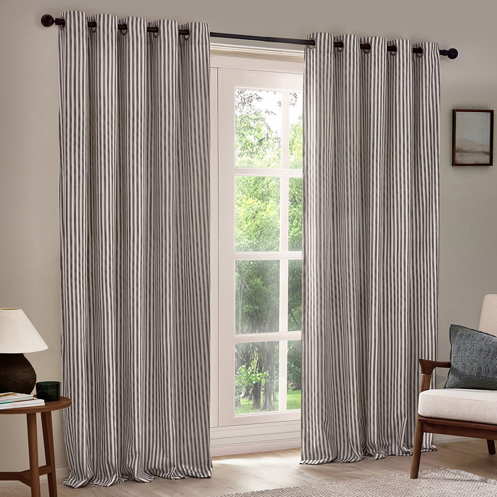 Yard Hebden Grey Striped Cotton Eyelet Curtains 168 x 229cm Image 1