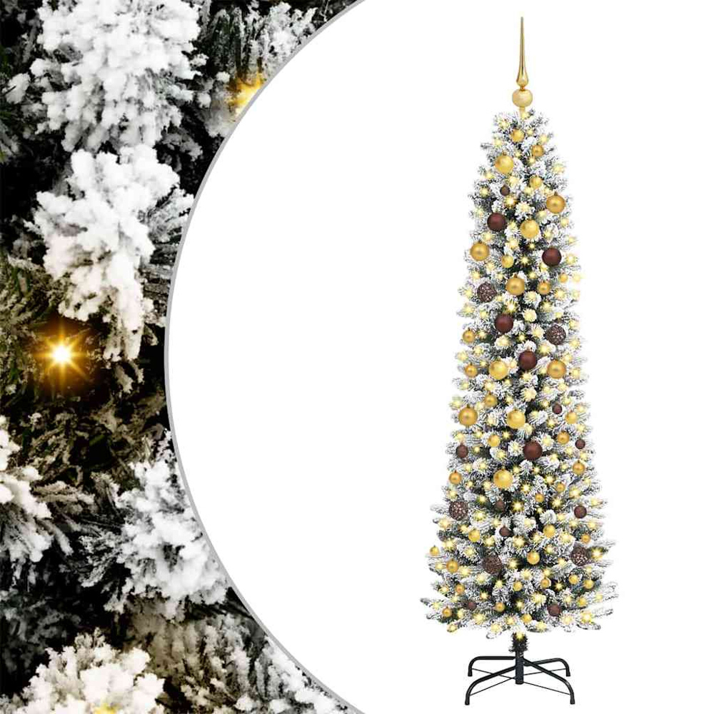 vidaXL Pre-Lit Gold Baubles Artificial Snow Flocked Christmas Tree 7ft Image 2