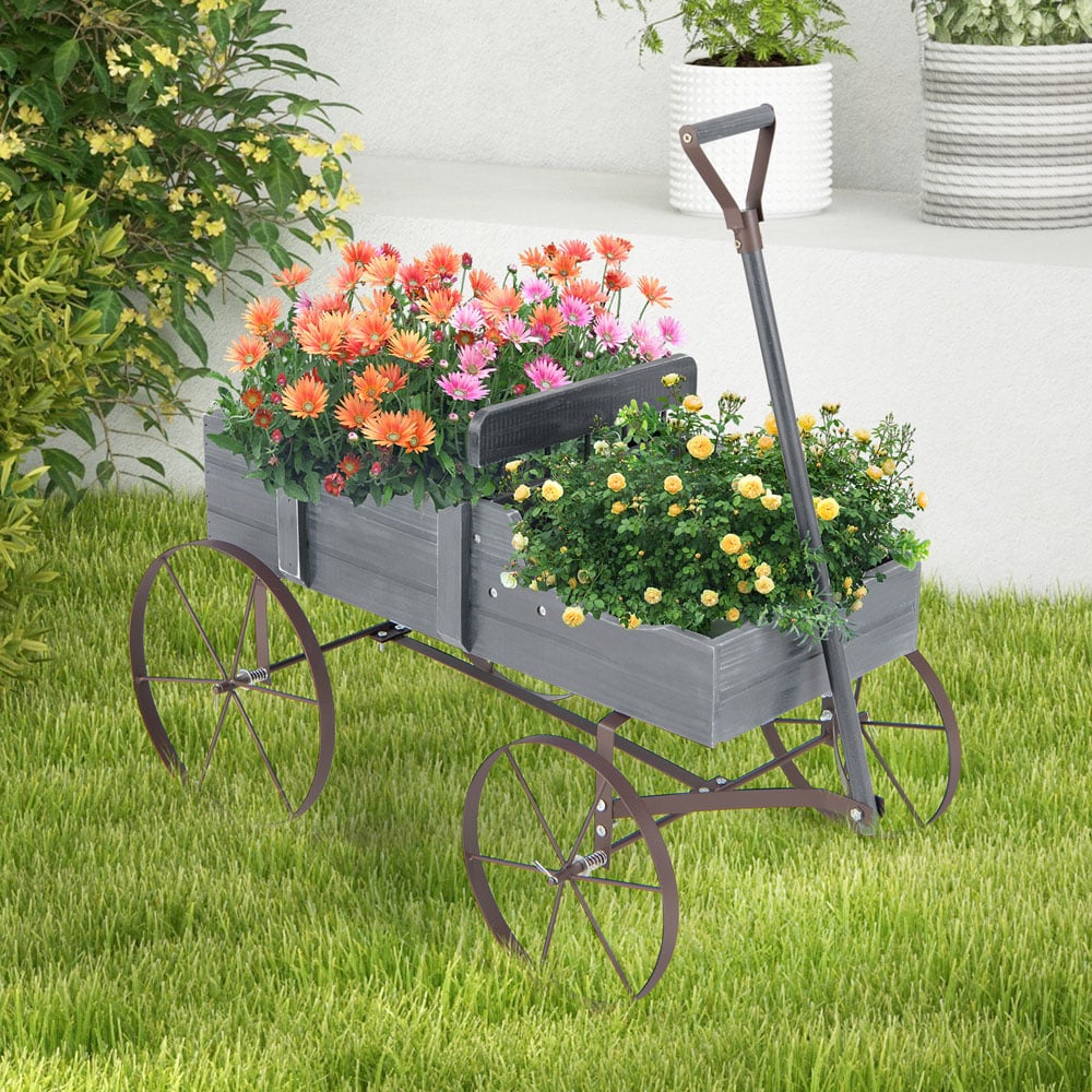 Costway Grey Wooden Wagon Flower Planter Image 2