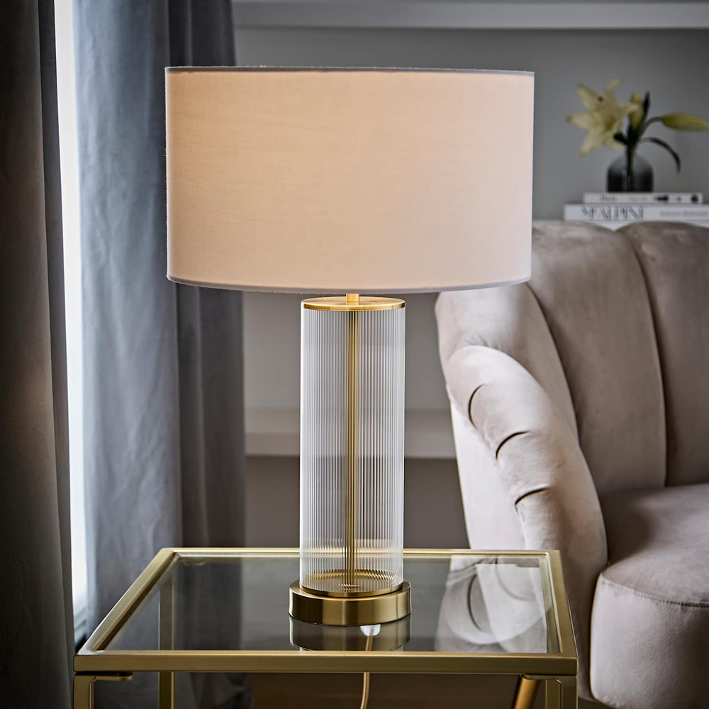 ValueLights Calin White Drum Shade Brushed Gold Ribbed Glass Table Lamp with Bulb Image 6