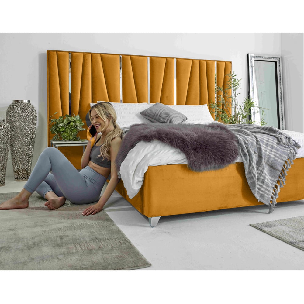Eleganza Mila Super King Size Mustard Plush Velvet Bed Frame with Lined Headboard Image 5