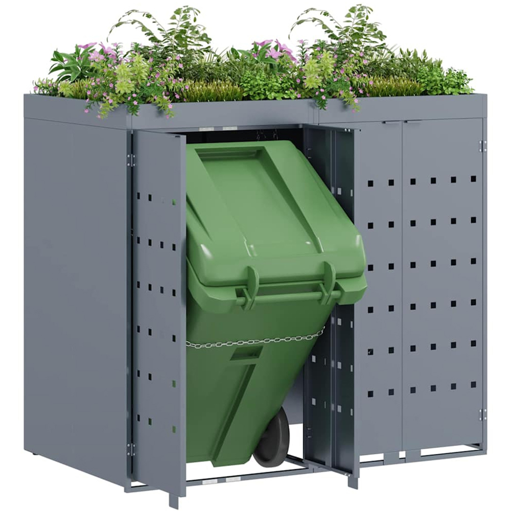 vidaXL Light Grey 2 Wheelie Bin Storage Shed with Planter Roof Image 3