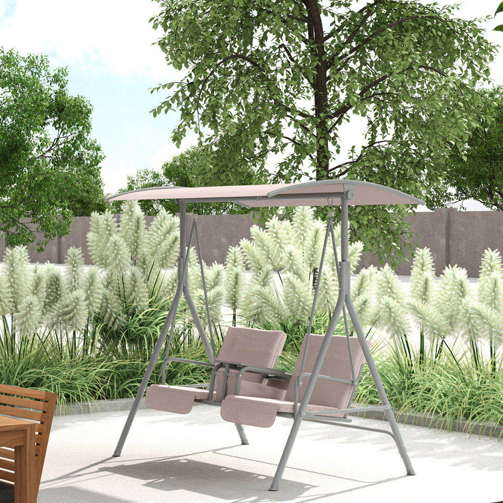 Outsunny 2 Seater Beige Covered Patio Swing with Pivot Table and Storage Console Image 3