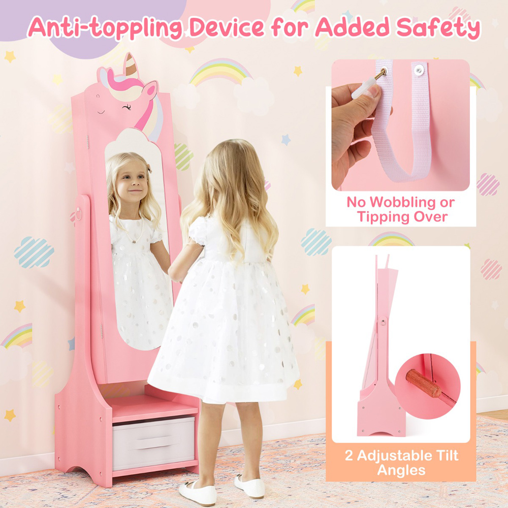 Costway Pink Kids Jewellery Armoire Cabinet Full Length Mirror with Tilt Angles Image 5