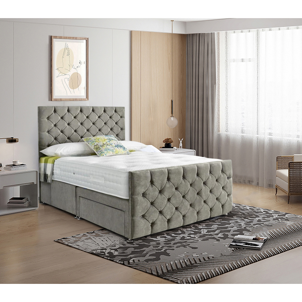 Eleganza Home Dreamscape Super King Size Grey Plush Velvet Single Drawer Divan Bed with Headboard Image 2