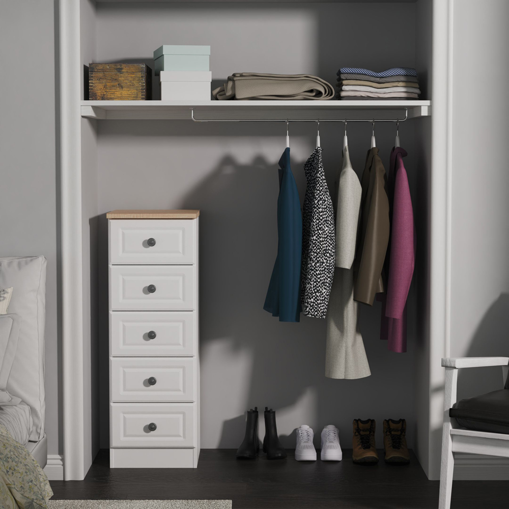 Crowndale Norfolk 5 Drawer White Ash and Bardolino Oak Tall Bedside Cabinet Ready Assembled Image 7