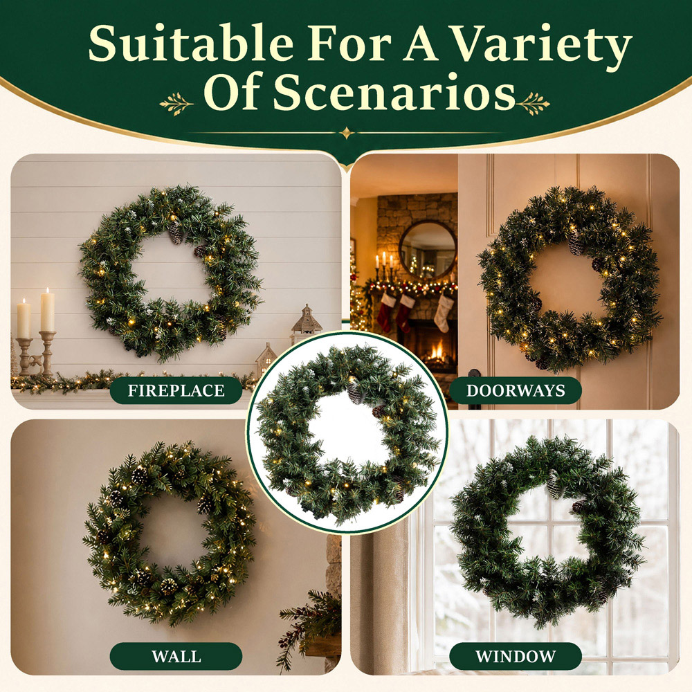 Abrihome 35 Warm White LED Multi-Function Artificial Christmas Wreath with Tips and Pinecones 50cm Image 7