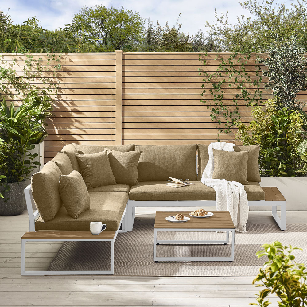 Furniturebox Bermuda Wood Effect, Olive and White Metal 6 Seater Outdoor Sofa Set Image 5