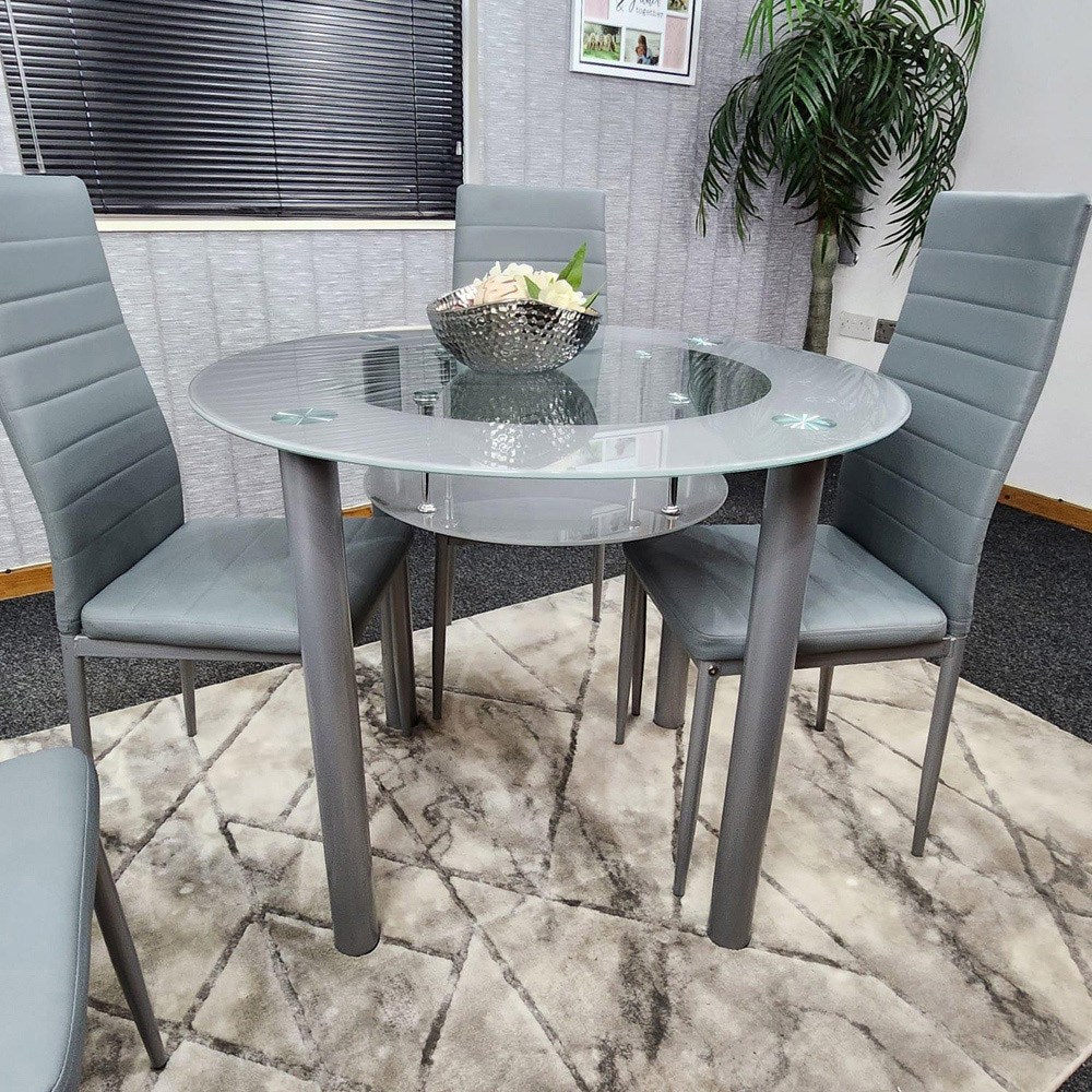 Portland Marco 4 Seater Round Glass Faux Leather Dining Set Grey Image 6