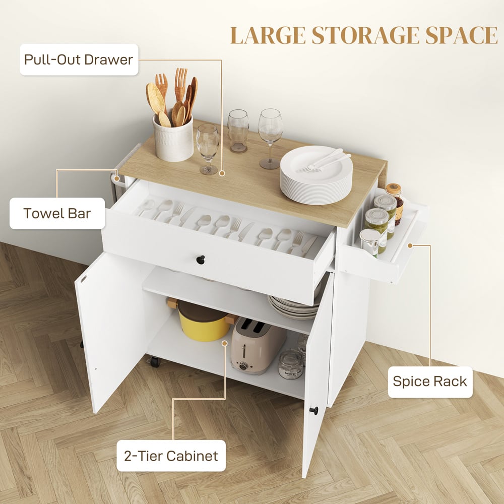 HOMCOM 2 Door Single Drawer White Kitchen Island Cart Image 5