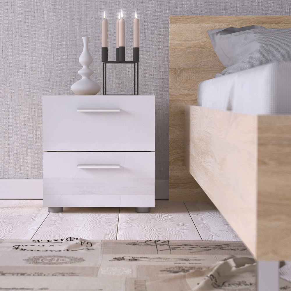 Florence 2 Drawer Oak and White High Gloss Bedside Table Image 8