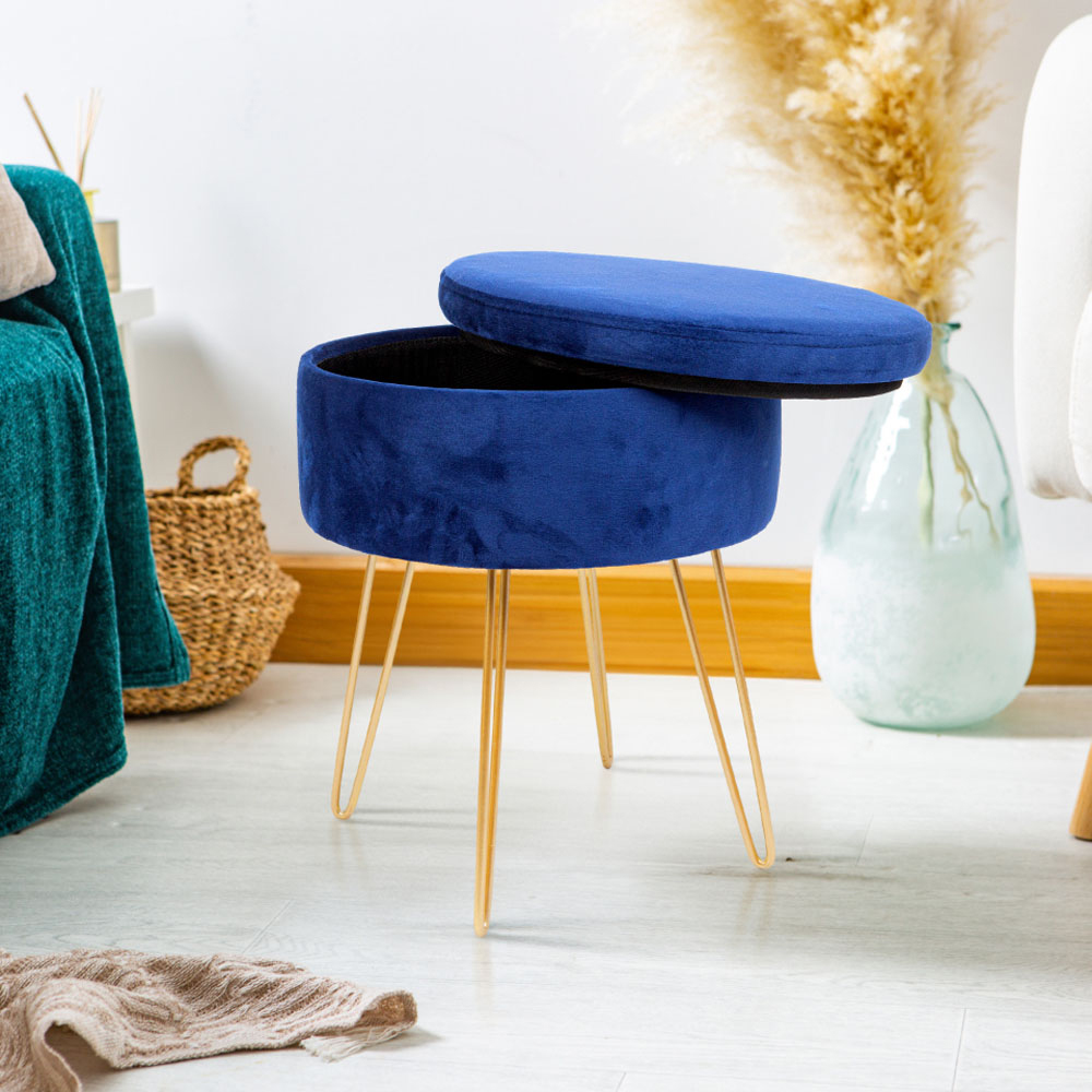 Harbour Housewares Blue and Gold Velvet Round Footstool with Storage Image 6