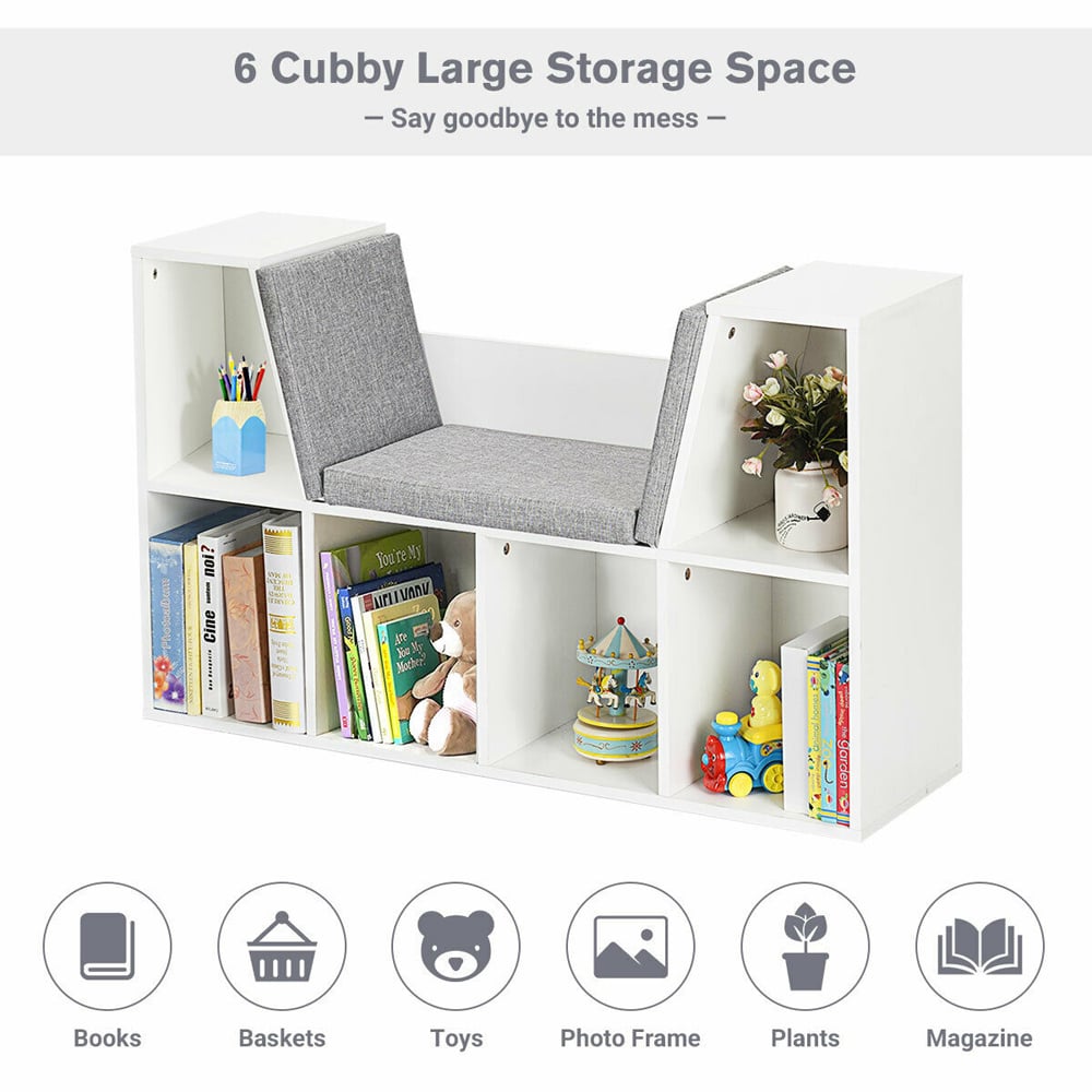 Costway 6 Cube White Storage Cabinet with Seat Cushion Image 6