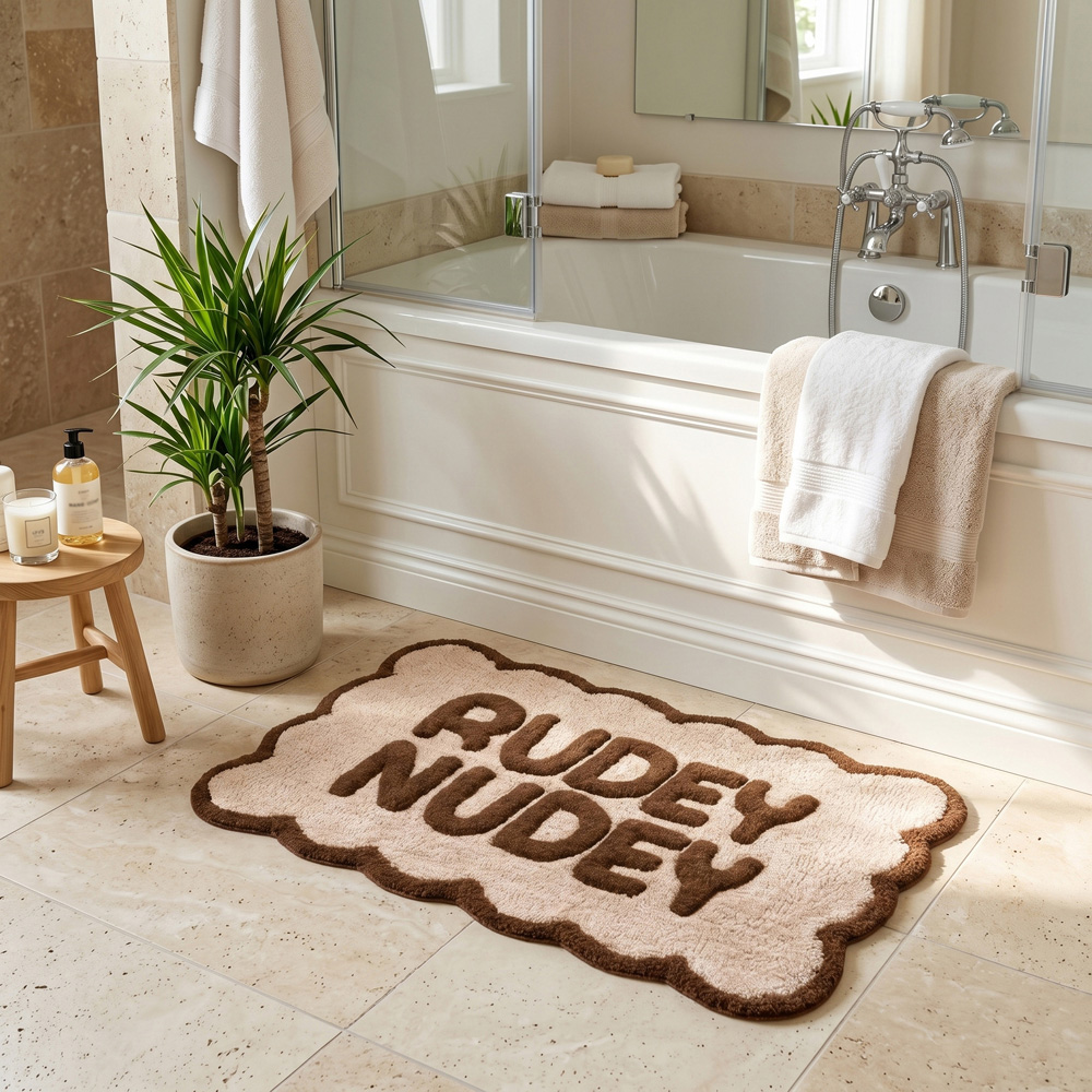 Allure Bath Fashions Chocolate and Cream Rudey Nudey Slogan Scalloped Non-Slip Bath Mat 50 x 80cm Image 2