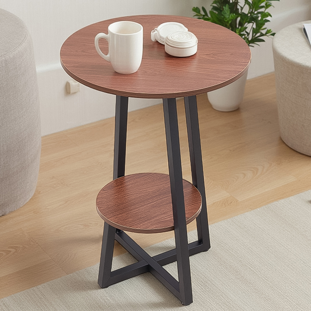 Living and Home 2-Tier Walnut Round Wooden Coffee Side Table Image 1