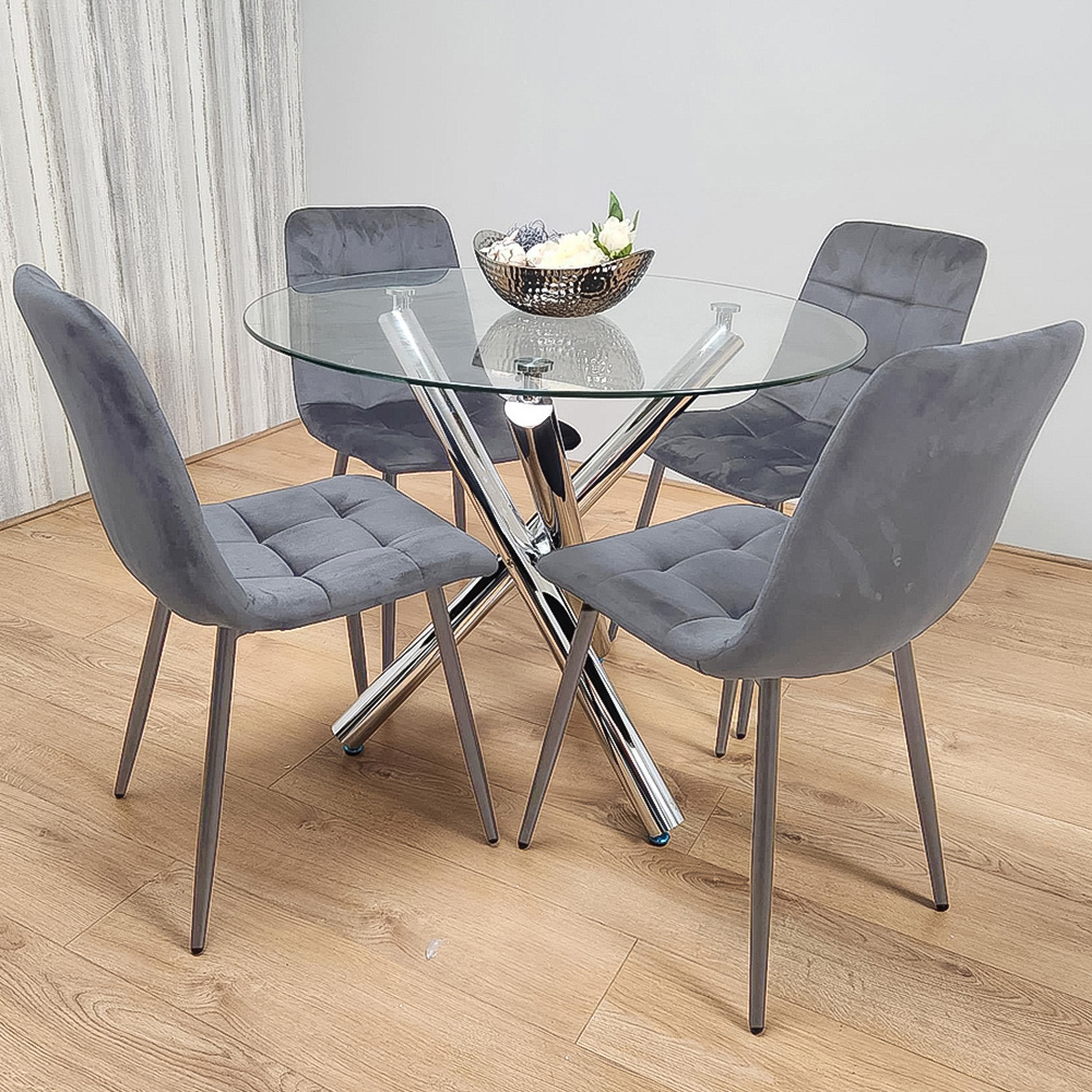 Kosy Koala 4 Seater Glass and Velvet Round Dining Table Set Chrome and Grey Image 1