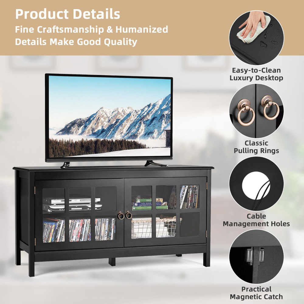 Costway 2 Glass Door Black Wooden TV Unit Image 7