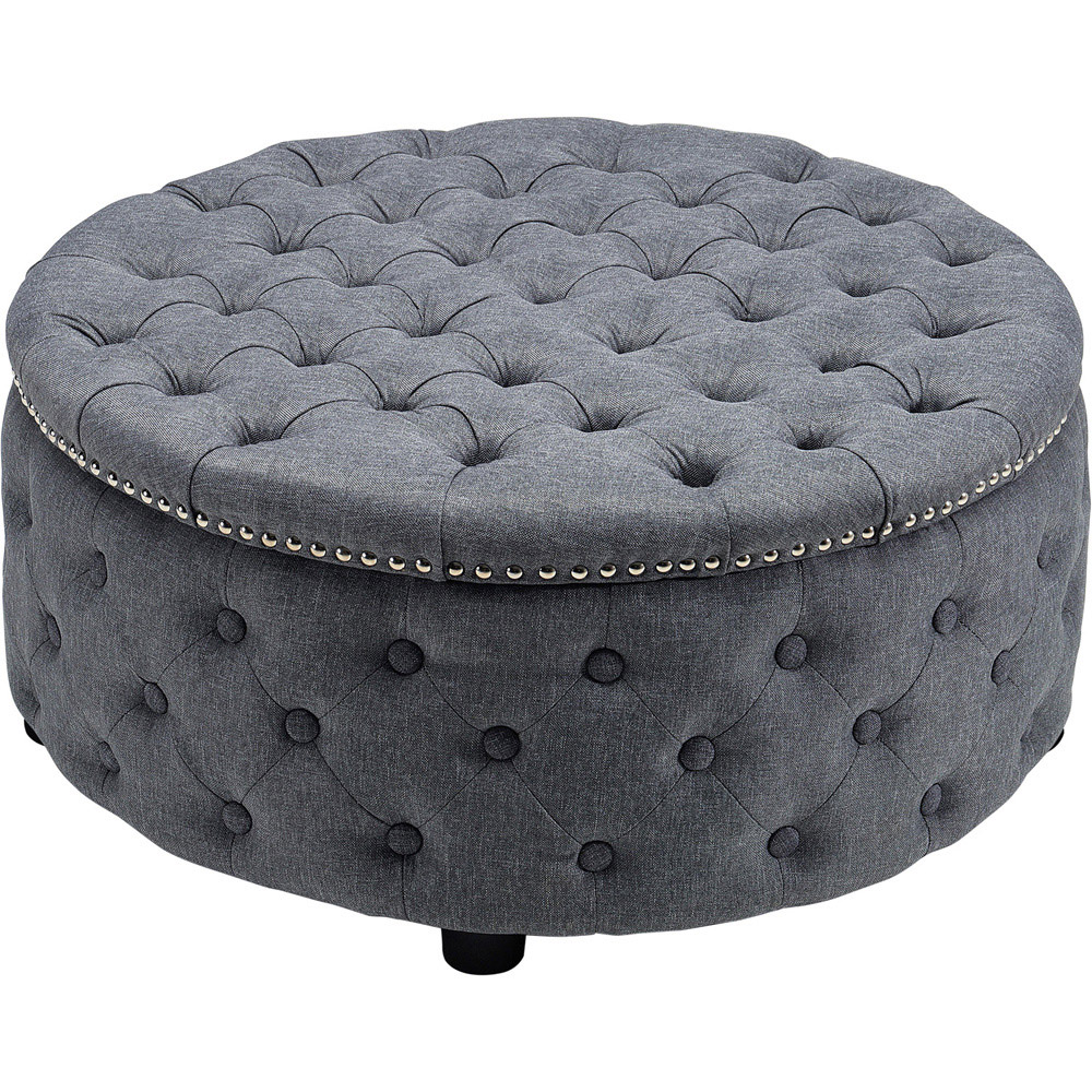 Living and Home Dark Grey Linen Round Buttoned Ottoman with Studded Edge Image 2