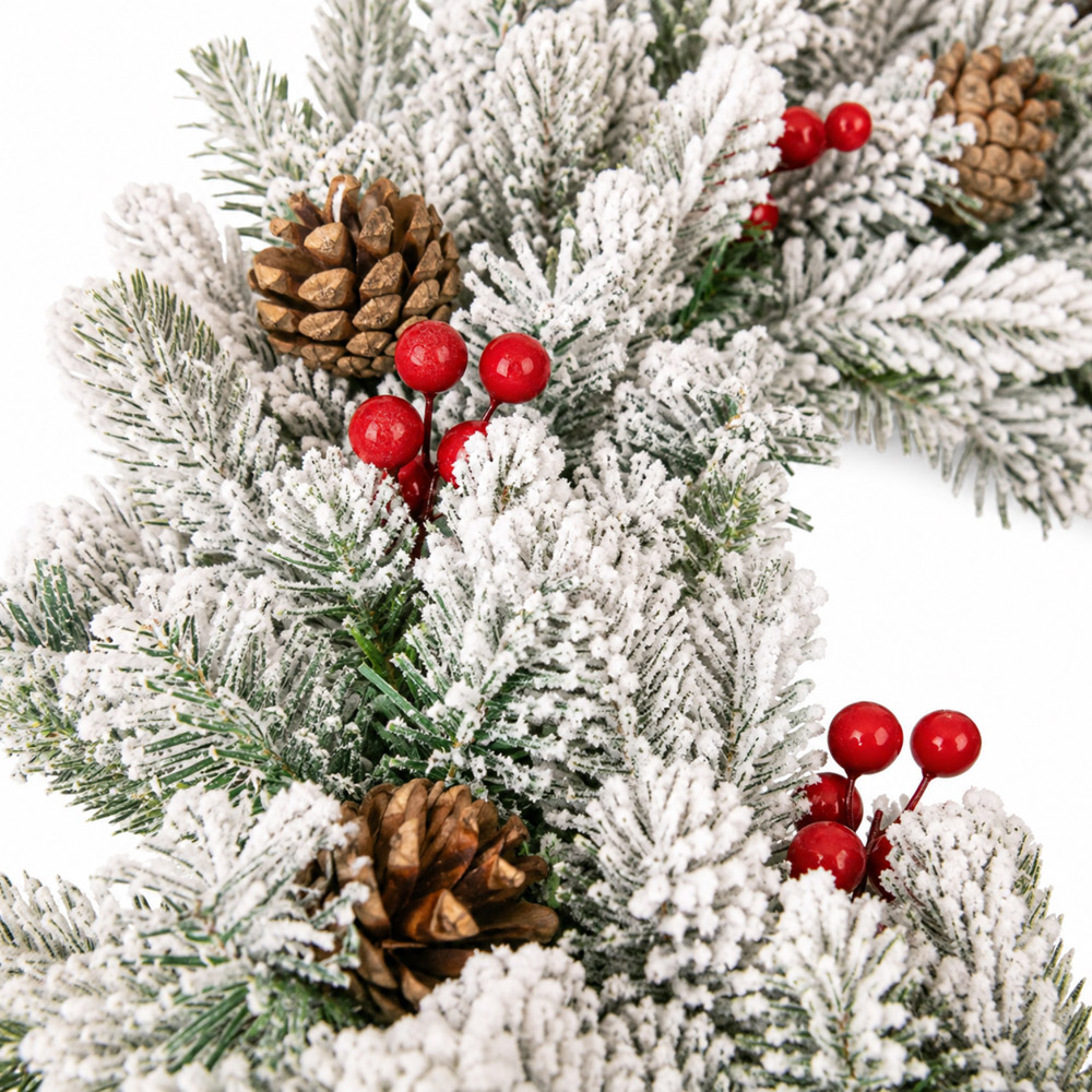 Marco Paul Pre Lit LED Snow Flocked Christmas Wreath with Pinecones and Berries Image 2