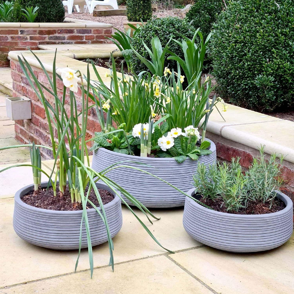 wilko Large Ribbed Stone Grey Light Fibrestone Outdoor Bowl Plant Pot
