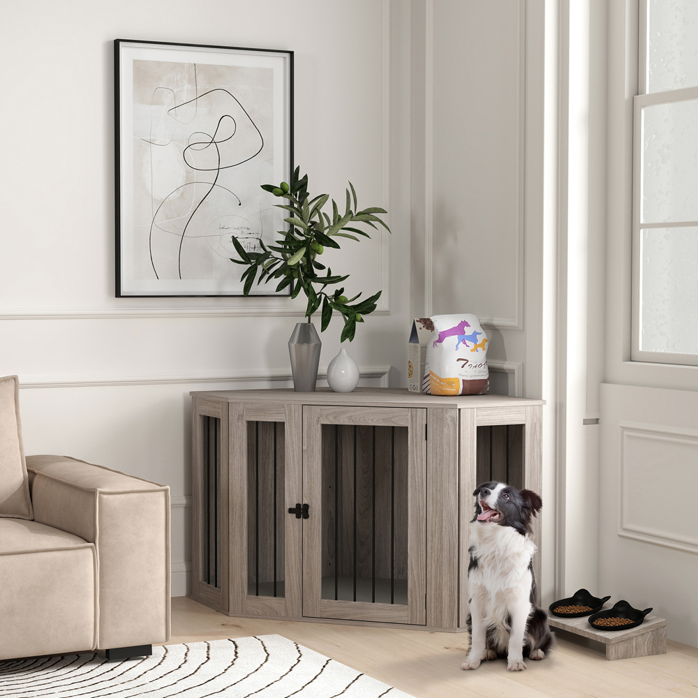 PawHut Large Walnut Brown Dog Crate with Cushion Door Image 2