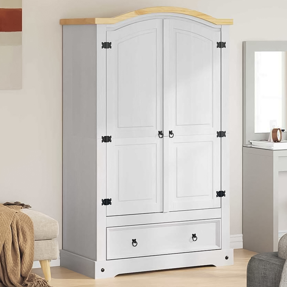 vidaXL Corona 2 Door Single Drawer White Solid Pine Wood Wardrobe Image 1