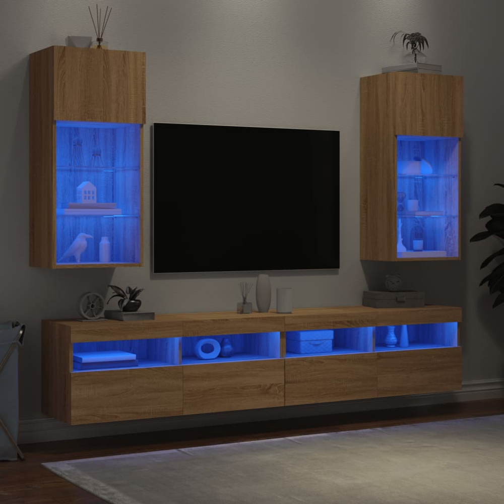 vidaXL 3 Shelf Single Door Sonoma Oak Wall Mounted TV Cabinet Set of 2 Image 4