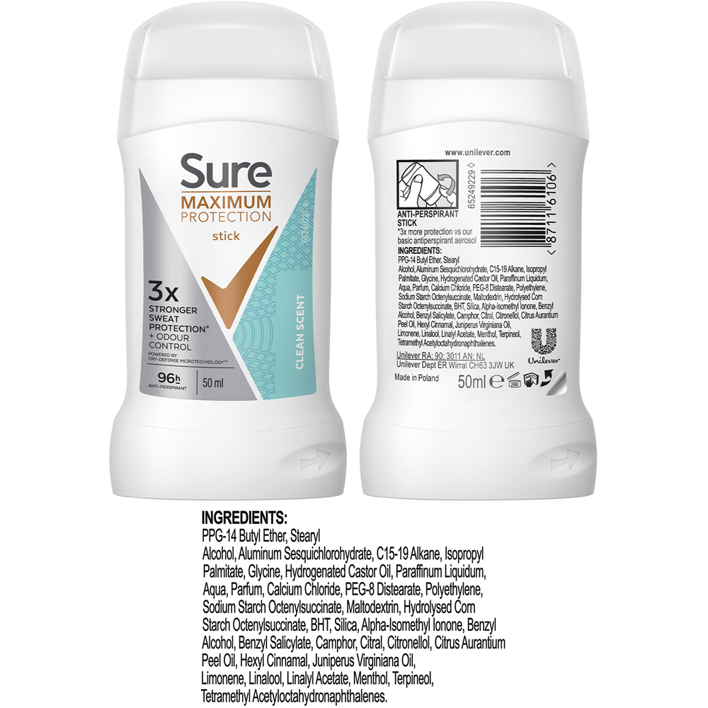 Sure Men Maximum Protection Clean Scent Anti-Perspirant Cream Stick 50ml 6 Pack Image 8
