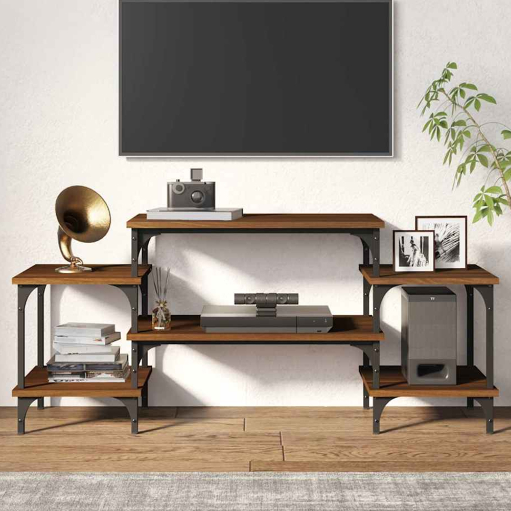 vidaXL 3 Open Shelf Brown Oak TV Cabinet with Metal Legs Image 1
