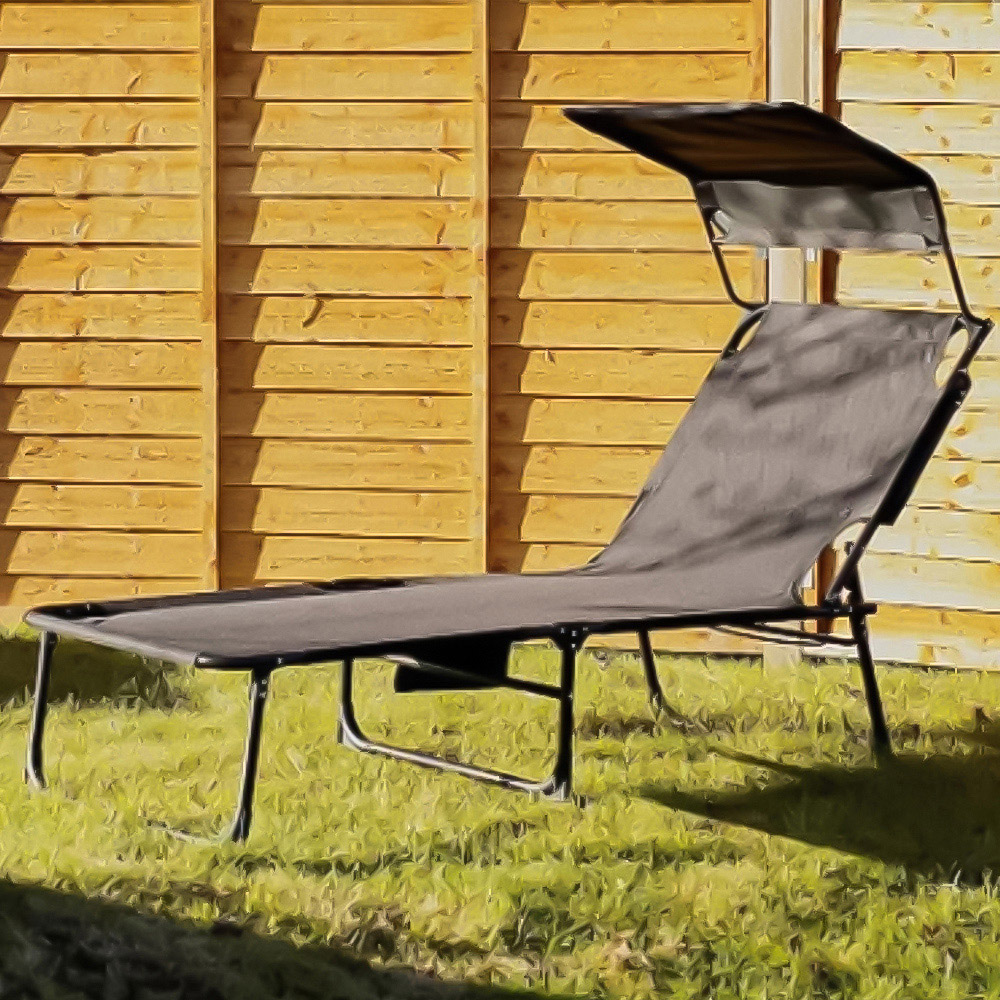 Garden Mile Black Foldable Recliner Sun Lounger with Sun Shade and Storage Bag Image 1