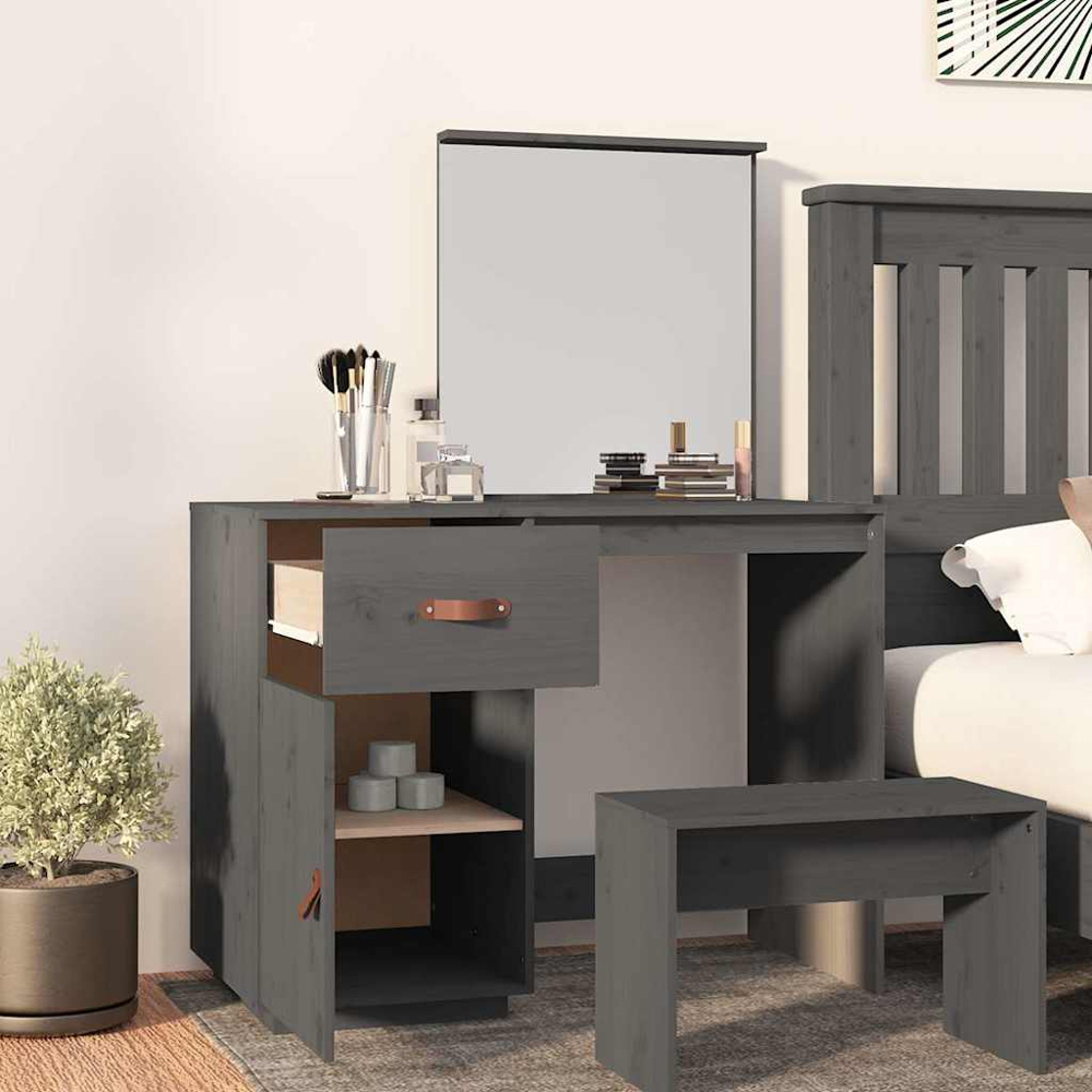 vidaXL Single Door Single Drawer Grey Solid Wood Pine Dressing Table with Mirror Image 8