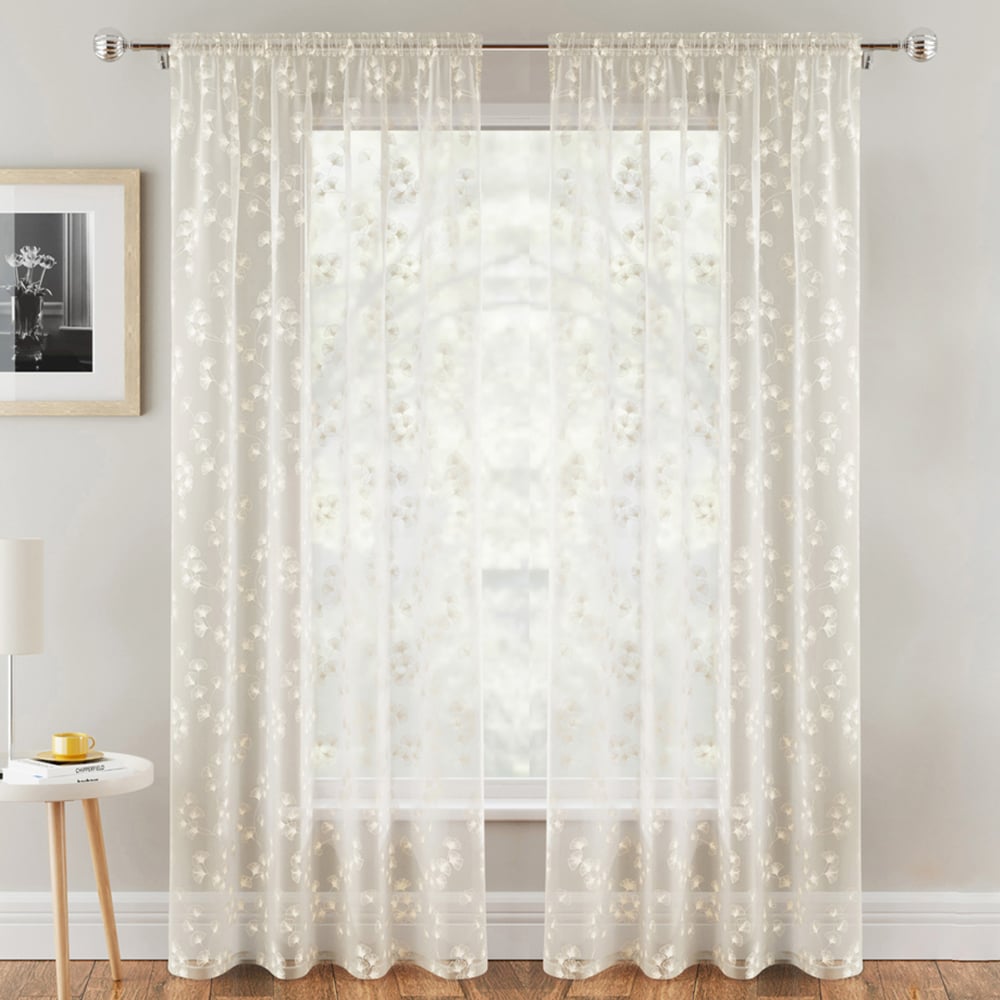 Tyrone Textiles Delila Cream Trail Leaf Print Sheer Voile Panel Curtain 140 x 229cm Image 1