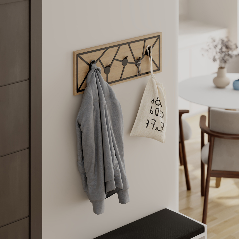 Decortie Trace Sapphire Oak Wall Hanger with Geometric Metal Hooks Image 4