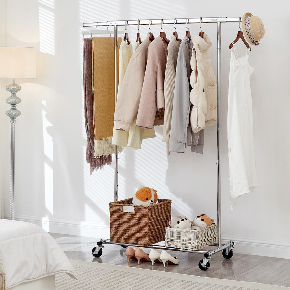 House Of Home Single Shelf Chrome Heavy-Duty Adjustable Rolling Clothes Rail Image 4
