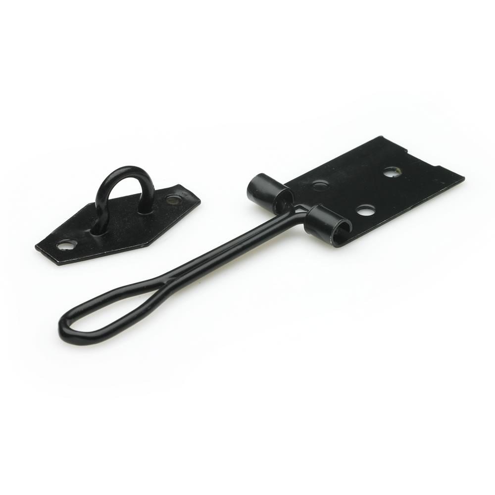 Wilko 100mm Black Wire Hasp and Staple 100mm wired hasp and staple in a black japanned finish which is suitable for securing lightweight doors and outdoor security use. Fixings are sold separately. Wilko 100mm Black Wire Hasp and Staple