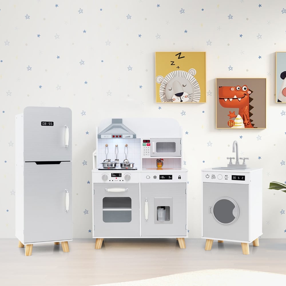 Costway Kids Grey Kitchen Play Set with Refrigerator and Washing Machine Image 5