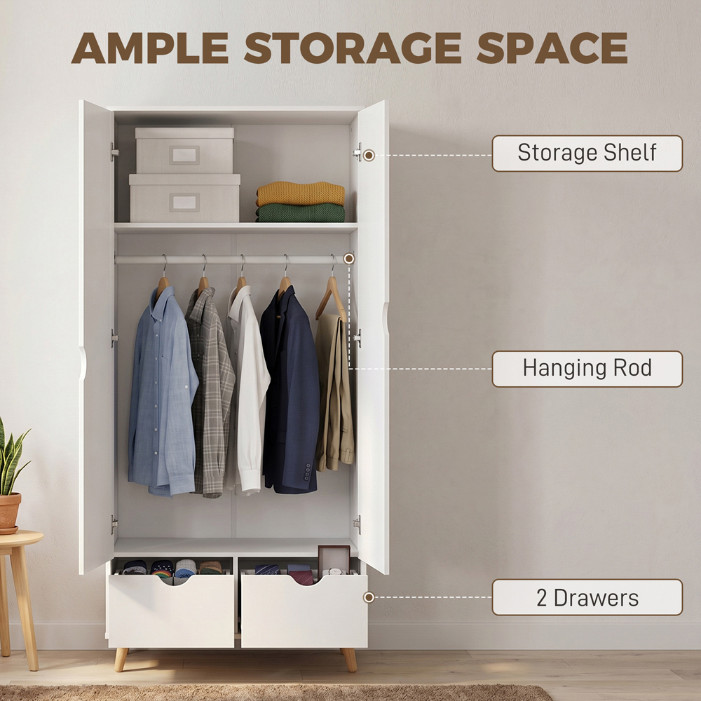 HOMCOM 2 Door 2 Drawer White Wardrobe Image 4